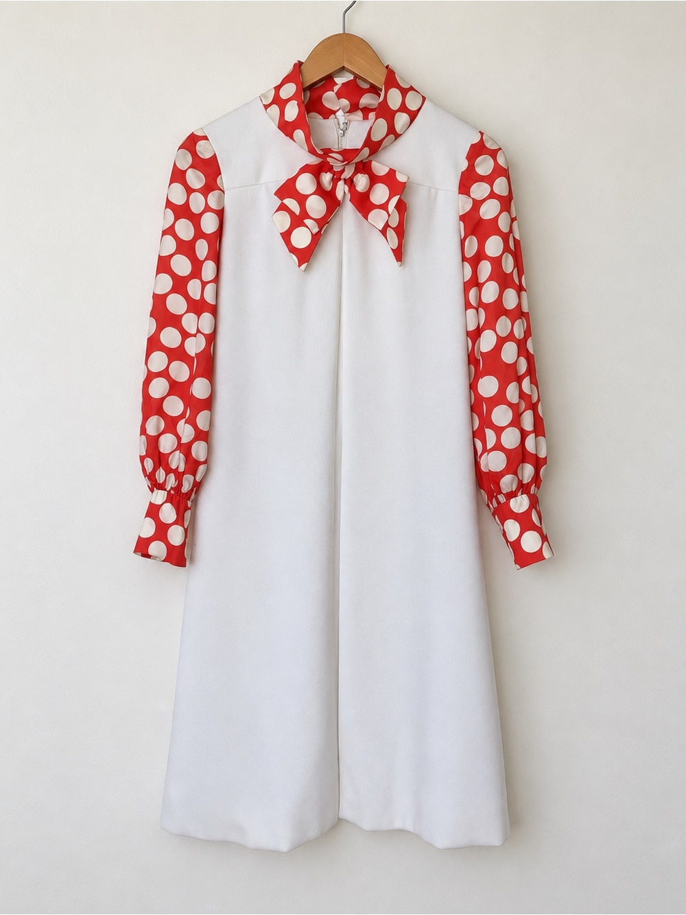 Vintage 60s Richard Frederic Dress Small White Reddish Polka Dot Mod Bow